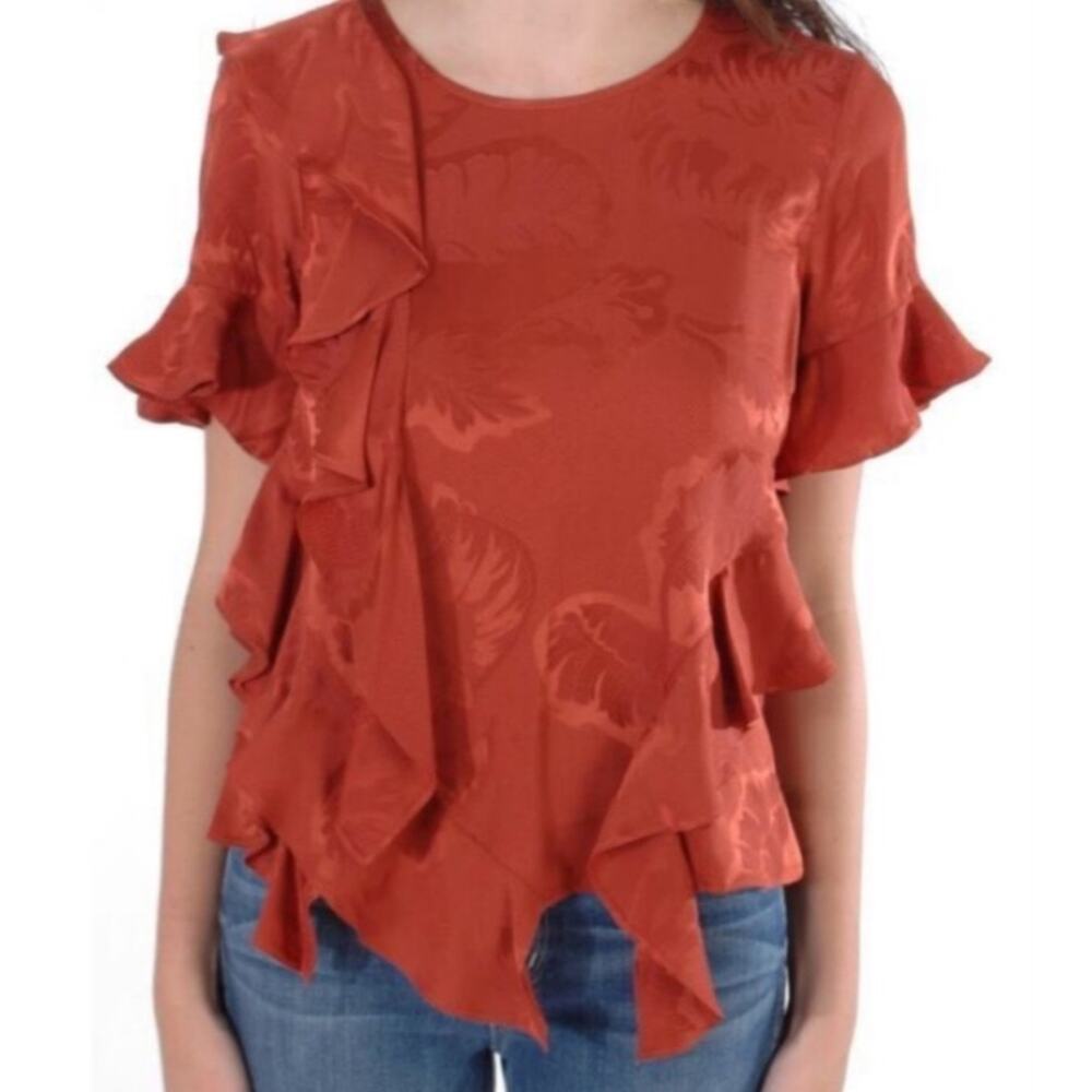 Cinq a Sept 100% Silk Ruffled Embossed Print Top with Button Closure Size Small